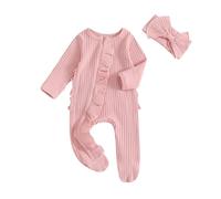AliveBabe New Born Footed Romper Baby Girl Long Sleeve Round Neck Daisy Print Ruffled Full Length Jumpsuit With Headband Baby Clothing (Solid Color Pink, 0-3 Months)