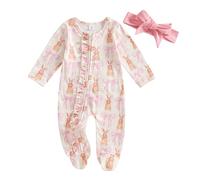 AliveBabe New Born Footed Romper Baby Girl Long Sleeve Round Neck Daisy Print Ruffled Full Length Jumpsuit With Headband Baby Clothing (Bunny Bow Pink, 0-3 Months)