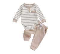 AliveBabe Newborn Baby Boy Clothes Baby Outfit Clothing Set 2PCS Long Sleeve Striped Romper And Solid Color Pants Sets Personalised Baby Grow (Khaki, 0-3 Months)