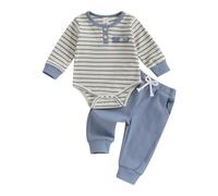 AliveBabe Newborn Baby Boy Clothes Baby Outfit Clothing Set 2PCS Long Sleeve Striped Romper And Solid Color Pants Sets Personalised Baby Grow (Blue, 6-12 Months)