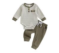 AliveBabe Newborn Baby Boy Clothes Baby Outfit Clothing Set 2PCS Long Sleeve Striped Romper And Solid Color Pants Sets Personalised Baby Grow (Army Green, 0-3 Months)