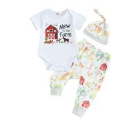 AliveBabe Newborn Baby Clothes Farm Pants Outfits Letter&House Print Short Sleeve Romper + Animal Print Pants+ Hat Set 3pcs Baby Clothing Costume (White, 0-3 Months)