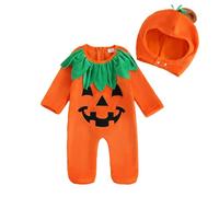 AliveBabe Newborn Baby Girl Boy Halloween Outfit Long Sleeve Round Neck Footed Pumpkin Romper Jumpsuit With Hat Baby Clothes 0-18M (Orange, 3-6 Months)