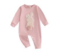 AliveBabe Newborn Baby Girl Clothes Newborn Clothes Round Neck Long Sleeve Ruffled Ribbed Romper + 3D Bow Headband For Infant Little Sister (Bunny Pink, 12-18 Months)