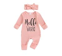 AliveBabe Newborn Baby Girl Clothes Newborn Clothes Round Neck Long Sleeve Ruffled Ribbed Romper + 3D Bow Headband For Infant Little Sister (Hello World Pink, Newborn)