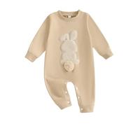 AliveBabe Newborn Baby Girl Clothes Newborn Clothes Round Neck Long Sleeve Ruffled Ribbed Romper + 3D Bow Headband For Infant Little Sister (Bunny Khaki, 0-3 Months)