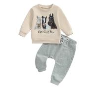 AliveBabe Toddler Boy Baby Clothes Letter Horse Head Print Long Sleeve Sweatshirts And Long Pants 2Pcs Clothing Set Fall Outfits (Beige, 2-3T)