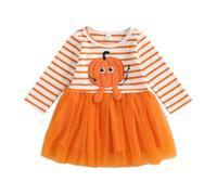 AliveBabe Toddler Girls Dress My First Halloween Outfits Long Sleeve Crew Neck Pumpkin Striped Tulle Patchwork Fall Dress Halloween Costume (Orange, 6-9 Months)