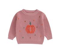 AliveBabe Toddler Halloween Outfit Boy Girl Sweater Pumpkin Pattern Long Sleeve Round Neck Chunky Knitwear Pullover Winter Baby Clothes (Pink, 6-12 Months)