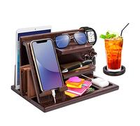 AliveByte Men's Bedside Organiser - Wooden Phone Docking Station & Table Organiser - Brown - 3 Levels - Easy Assembly - Gift for Him