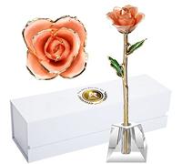 AliveRose Anniversary Rose Gift for Wife,24k Gold Real Rose Gift for her, Long Stem Rose Made from Real Gold Rose for Valentines Mothers Day Birthday (Peach Pink with Crystal Vase)