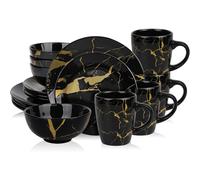 Alivio 16-Piece Premium Porcelain Dinnerware Set Black-Gold Marble Design