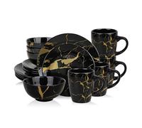Alivio 16-Piece Premium Porcelain Dinnerware Set - Black & Gold Marble Design, Scratch-Resistant Luxury Tableware Collection