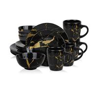 Alivio 16-Piece Premium Porcelain Dinnerware Set Black-Gold Marble Design
