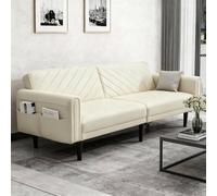Alivio 3-in-1 Convertible Velvet Sofa Bed, Adjustable Futon Couch with Detachable Arms, Thick Cushions, Side Storage Pockets & Sturdy Wood Frame Alivio Cream
