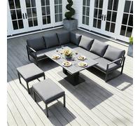 Alivio 8-Seater Grey L-Shape Iron Garden Sofa Set with Rising Table & Stools | Size: 250 cm x 70 cm Alivio Grey 250 cm x 70 cm