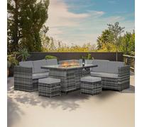 Alivio 8 Seater Rattan Furniture Set Built-In Fire Pit With 2X Three-Seater, 1X Corner Table, 2X Stool, 1X Centre Table & Cushions