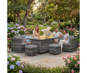 Alivio 8 Seater Rattan Garden Furniture Set With Built-In Fire Pit Table, 2 Sofa, Corner Table, 2 Stools & Cushions, Grey