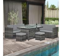 Alivio 8-Seater Rattan Garden Sofa Set with Fire Pit Coffee Table & Anti-UV Cushions for Outdoor and Indoor Use (Grey)