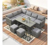 Alivio 9-Seater Outdoor Rattan Patio Furniture Sofa Set with Dining Table, Cushion & Stools in Grey Alivio Grey