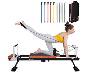 Alivio Foldable Pilates Reformer Machine for Home Gym, Full Body Reformer Bed with Adjustable Resistance, Quiet Smooth Sliding Rail, 3 Height Pulley Risers & Foot Bar, 440lbs Capacity