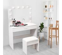 Alivio Hollywood Dressing Table w/ Hollywood LED Lights Mirror, Vanity Table Set w/ Drawer & Cushioned Stool, Modern Bedroom Makeup Table Dressing Alivio White