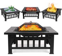 Alivio Large 3 in 1 Fire Pit with BBQ Grill Shelf, Outdoor Metal Brazier Square Table Firepit in Black Alivio Black