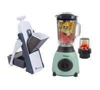 Alivio Multifunctional Vegetable Chopper 4 Cutting Modes Spring Slicer Dicer with Bistro Chef 2-in-1 Professional Mixer Blender 850W for Kitchen Ice Crusher, Smoothie Maker (2Pc Set, Green & Grey)