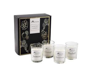 Alivio Scented Candle Gift Set, Premium Aromatherapy Candles in Glass Jars - Jasmine Orange Pear & Freesia, Bluebell Fragrance for Home Decor, Relaxation & Gifting, 100% Natural Soy Wax (Pack of 4Pc)