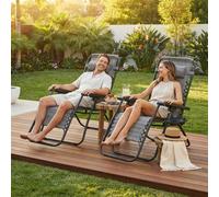 Alivio Set of 2 Heavy-Duty Zero Gravity Reclining Sunloungers Patio Chairs with Mobile Cup Holder in Grey Alivio Grey