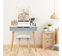 Alivio Vanity Dressing Table Set With Rectangle Led Adjustable Light Mirror, 2 Storage Drawer & Stool (Grey)