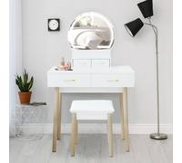Alivio Women's Round Mirror Dressing Table Set Vintage Vanity Desk with LED Lights & Cushioned Stool in White Alivio White
