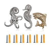 ALIWINER Seahorse Hooks Hanging Wall Mounted Rustic Decorative Hook,Tuna Towel Hooks-Heavy Duty Wall Hanger for Robe, Decorative Octopus Hook Ocean Theme Wall Decor, Set of 3, Copper