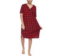 ALiWo Mens Nightshirt Summer Short-Sleeve V Neck Pajamas with printed tartan Mens Sleep Nightshirt (Color : Red, Size : L)
