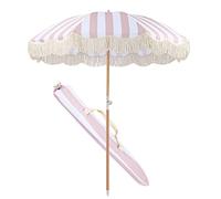 ALIXCE Pink White Striped Parasol 2M Retro Luxury Beach Parasol Fringed Garden Umbrella, Polyester Umbrella Surface, Wear-resistant Sunscreen, Romantic Seaside Courtyard Swimming Pool Shading