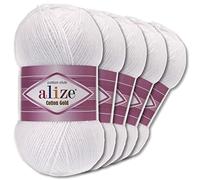 Alize 5 x 100 g Cotton Gold Premium Wool | 39 Colours Summer Wool Yarn Knitting Amigurumi (55 | White)