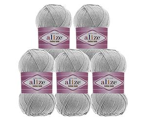 Alize 5 x 100 g Knitting Yarn Cotton Gold Plain Classic Yarn Crochet Yarn Knitting Wool Choice of Colours Colour: 533 Grey White