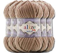 Alize 5 x 100 g Velluto Turkish Wool Super Bulky Chenille Yarn Cuddly Soft Baby Wool Hand Knitting Yarn for Crocheting Soft Chenille Yarn XXL Ball for Amigurumi (Tobacco Brown | 329)