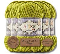 Alize 5 x 100 g Velluto Turkish Wool Super Bulky Chenille Yarn Cuddly Soft Baby Wool Hand Knitting Yarn for Crocheting Soft Chenille Yarn XXL Ball for Amigurumi (Pistachio Green | 11)