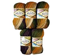 Alize 5 x 5850, 100 grams, Burcum Batik Yarn Berry Ochre Green Beige with Colour Gradient, 500 g Knitting Wool