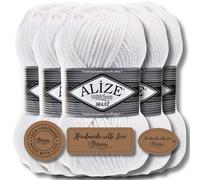 Alize 5X 100g Superlana Maxi Turkish Premium Wool Cotton and Acrylic Plain Manual Knitting Yarn | Knitting Yarn | Solid Color Baby Crochet Knitting (White | 55)