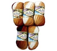 Alize Burcum Batik 5 x 100 g Wool Multicoloured with Colour Gradient, 500 g Knitting Wool (Brown, Beige, White 2626)