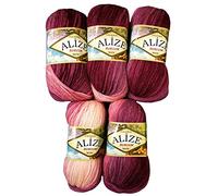 Alize Burcum Batik 5 x 100g Multi Coloured Wool with Colour Gradient 500g Knitting Wool (Berry Pink/Purple 1895)