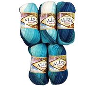 Alize Burcum Batik 5 x 100g Multi Coloured Wool with Colour Gradient 500g Knitting Wool (Petroleum, Turquoise, Mint 1892)