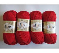 Alize Diva Silk Yarn - Microfiber Acrylic Sport Weight - Lightweight & Soft for Crocheting & Knitting Scarves, Clothes & Crafts - 1 Skein 100g, 383 Yards, Fingering Weight 14 WPI - Red