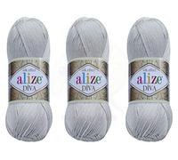 Alize Diva Yarn 100% Microfiber Acrylic Yarn, Light Grey, 3 Skeins, 400gr, 1314yds