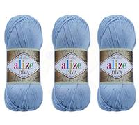 Alize Diva Yarn Hand Knitting Yarn 100% Microfiber Acrylic Yarn Alize Diva Silk Effect Thread Crochet Art Lace Craft Lot of 3 skeins 400gr 1314yds Color (350 - Sea Blue)