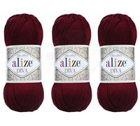 Alize Diva Yarn Hand Knitting Yarn 100% Microfiber Acrylic Yarn Alize Diva Silk Effect Thread Crochet Art Lace Craft Lot of 3 skeins 400gr 1314yds Color (57 - Bordeaux)