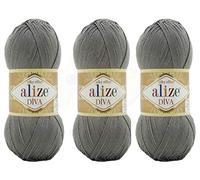 Alize Diva Yarn Hand Knitting Yarn 100% Microfiber Acrylic Yarn Alize Diva Silk Effect Thread Crochet Art Lace Craft Lot of 3 skeins 400gr 1314yds Color (87 - Coal Grey)