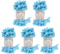 Alize Puffy 5 x 100 g wool, 500 g of yarn for finger knitting, extra bulky wool with loops for knitting without using needles Blau 287